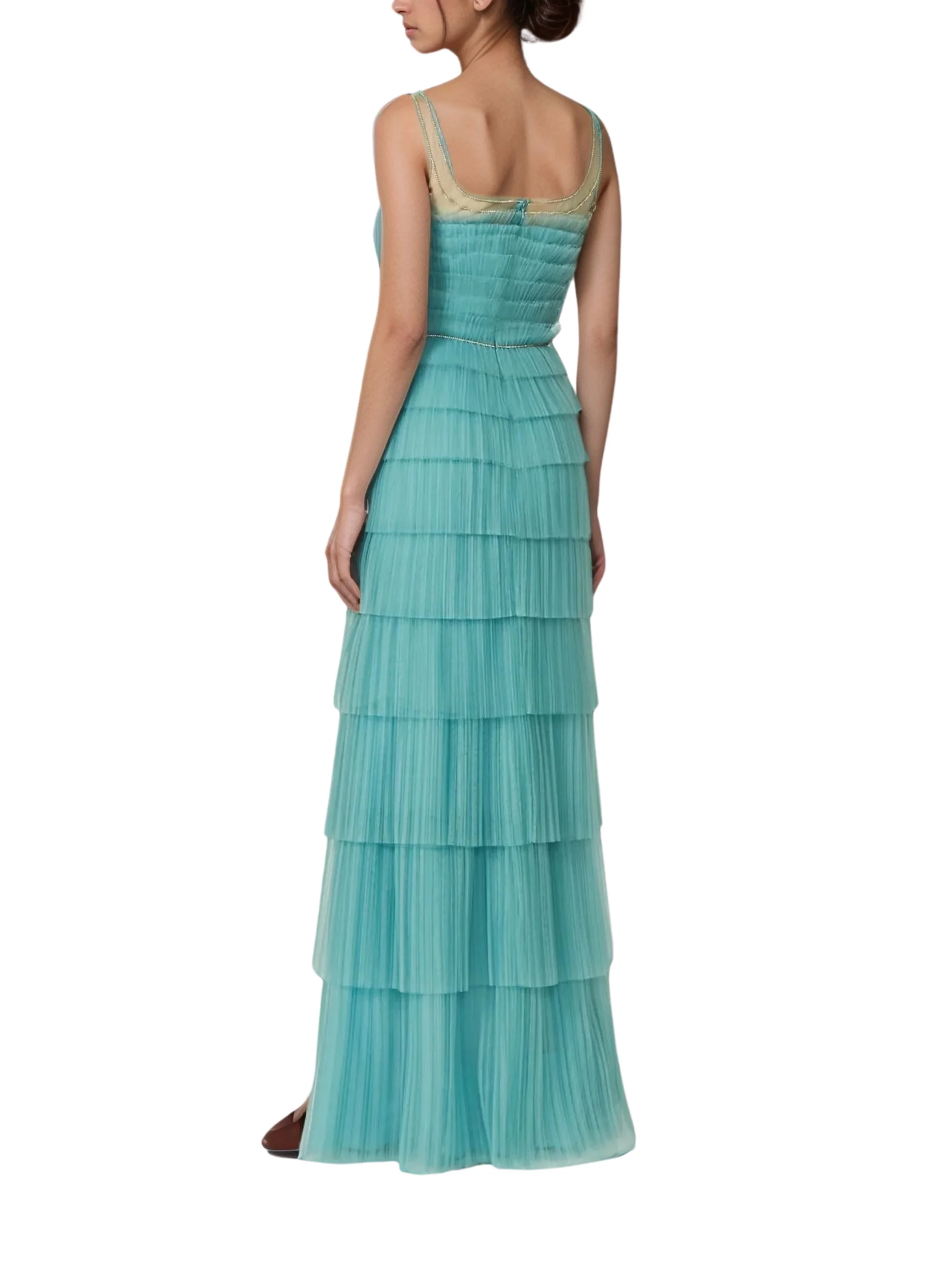 Arin plisse french tulle & chantilly lace tiered dress with illusion-neckline - Image 3
